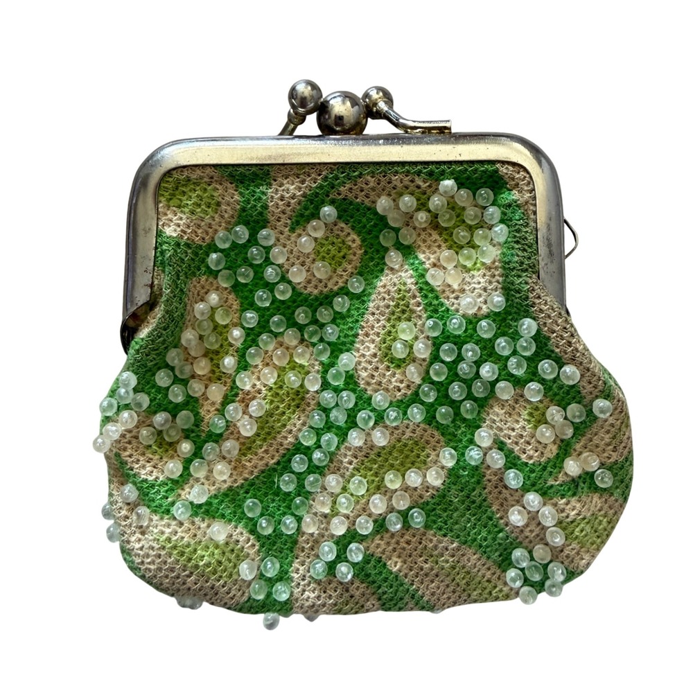 Vintage 50s 60s Beaded Coin Purse Green Kiss Lock Mid Century Retro Wallet OS